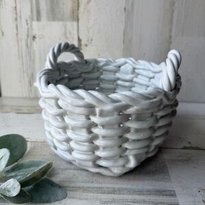 Vintage White Ceramic Woven Decorative Basket Ceramiche Castellan Made in Italy
